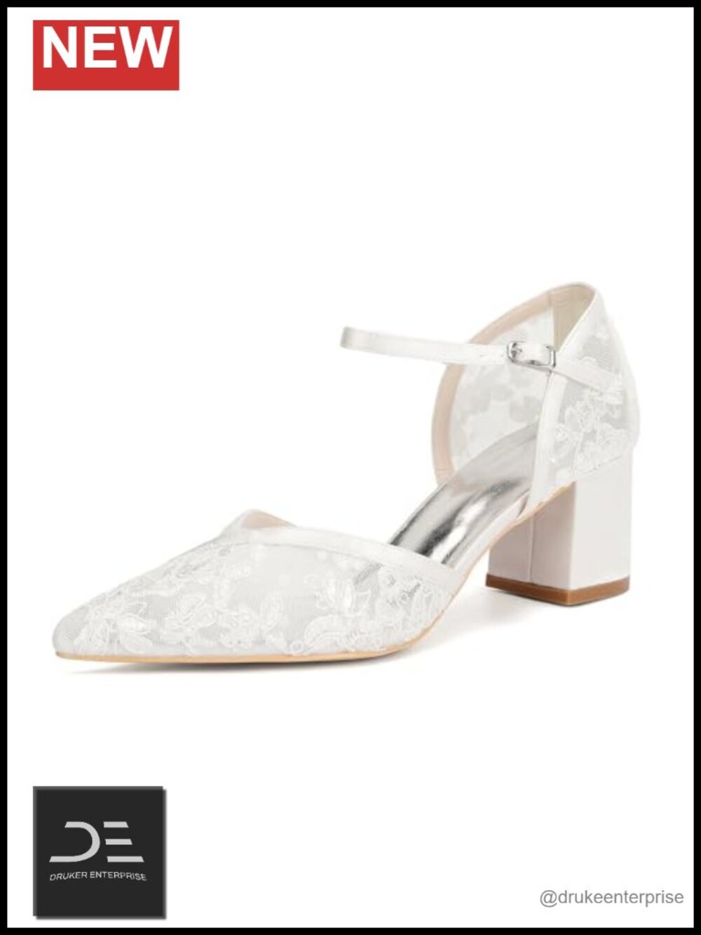 Lace Bridal Shoes Low Block Heels Ankle Strap Closed Toe Wedding Pumps